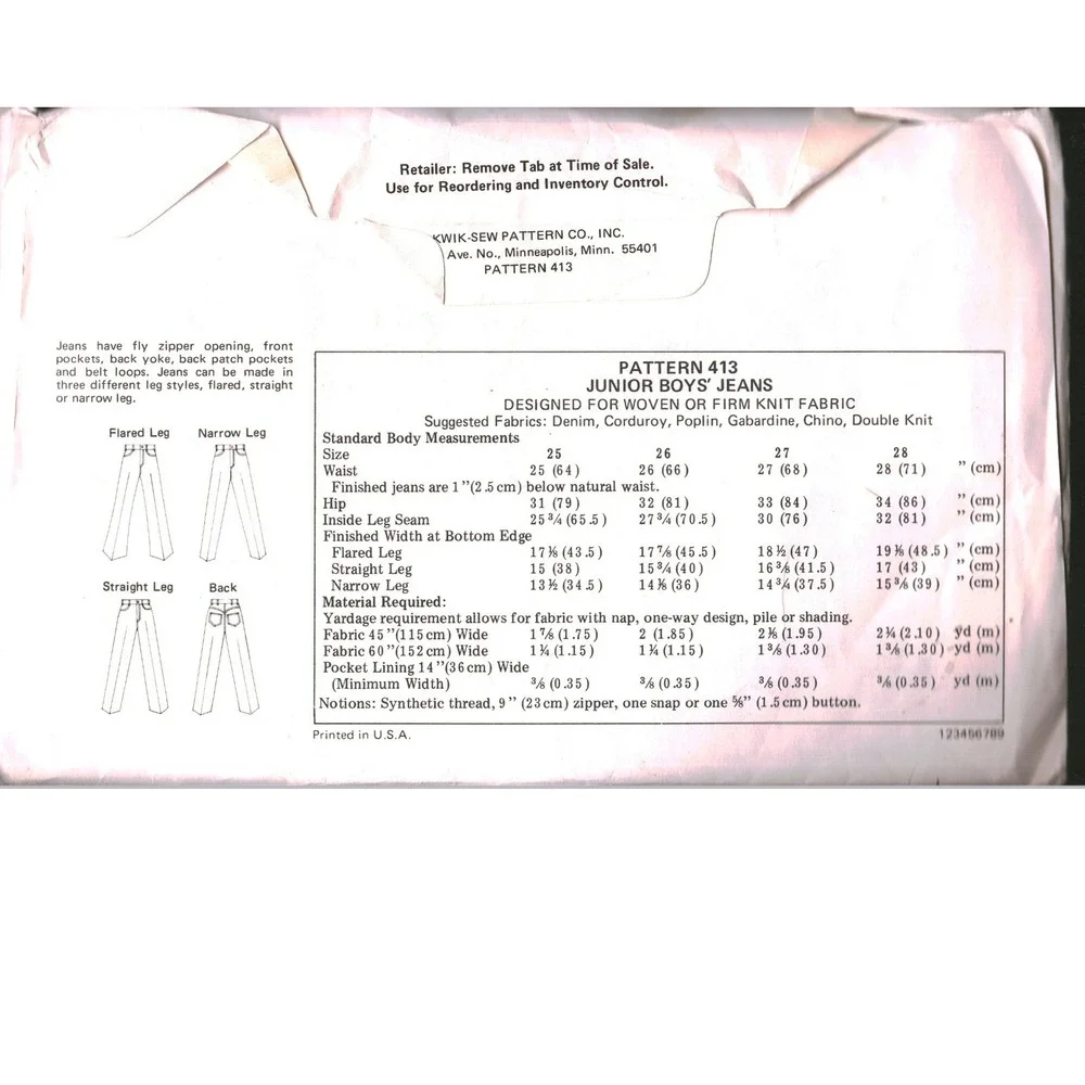 Vintage Kwik Sew 413 Junior Boys Jeans Sewing Pattern Waist 25 Flared Straight